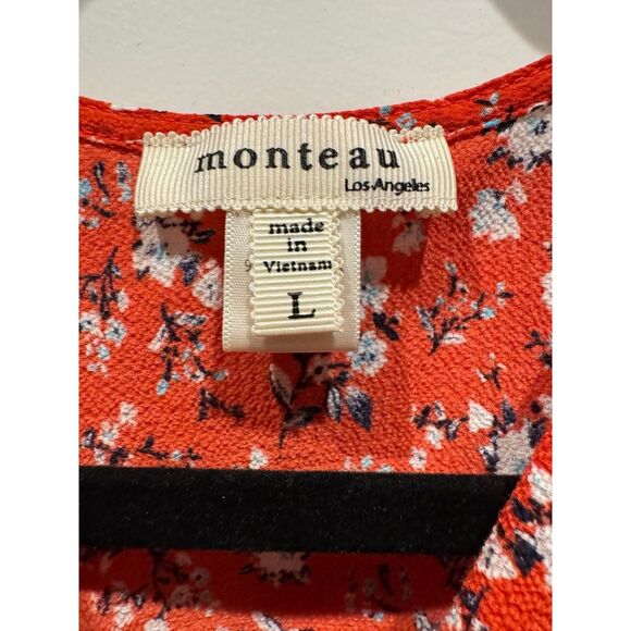 Monteau Short Sleeve Blouse Red Floral Size L V-neck Lightweight Summer - Picture 5 of 6